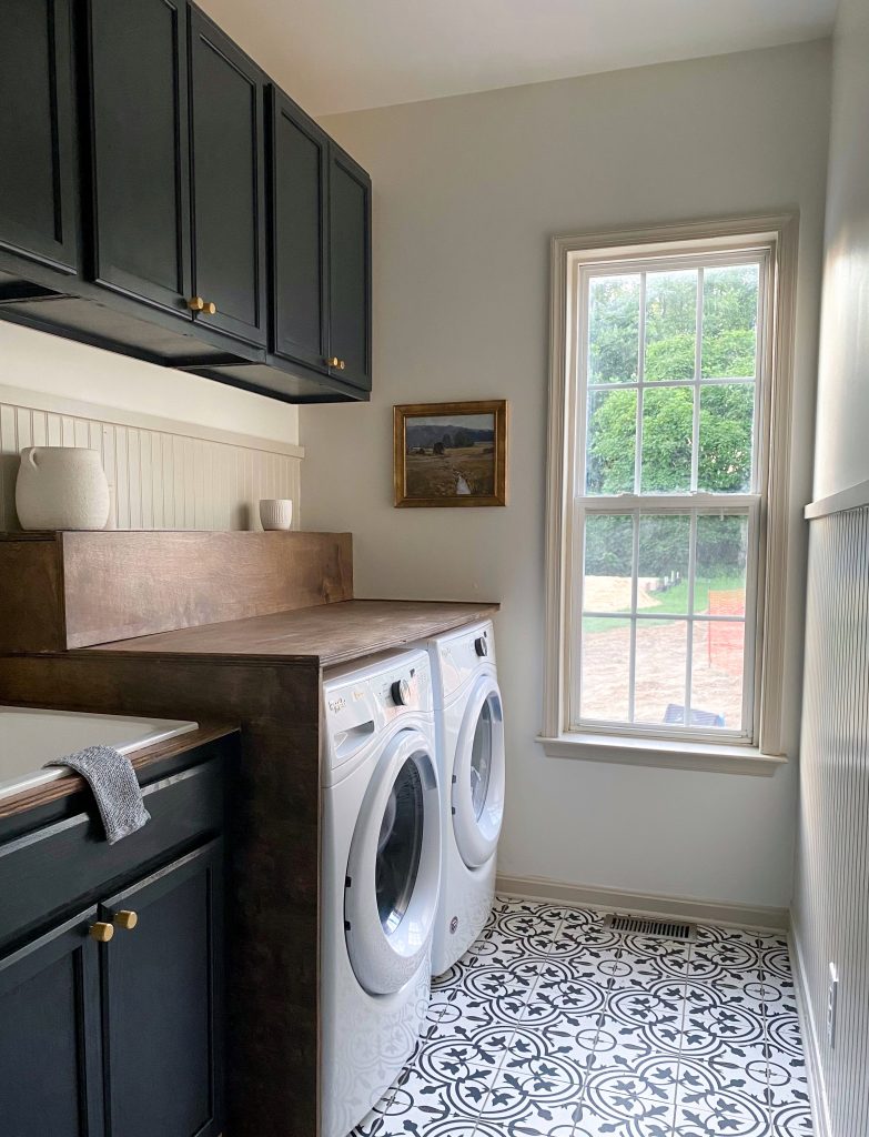 DIY Laundry Room Renovation - Plywood countertops, drop in sink, headboard and new floor tile